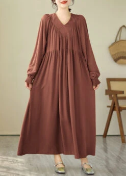 Natural Khaki Patchwork Wrinkled Maxi Dresses Spring VB1008 -Ada Fashion Natural Khaki Patchwork Wrinkled Maxi Dresses Spring4