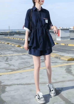 Natural Navy Blue Peter Pan Collar Cotton Shirts And Shorts Two Pieces Set Summer LY6221