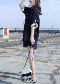 Natural Navy Blue Peter Pan Collar Cotton Shirts And Shorts Two Pieces Set Summer LY6221 -Ada Fashion Natural Navy Blue Peter Pan Collar Cotton Shirts And Shorts Two Pieces Set Summer3