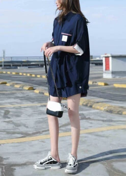 Natural Navy Blue Peter Pan Collar Cotton Shirts And Shorts Two Pieces Set Summer LY6221 -Ada Fashion Natural Navy Blue Peter Pan Collar Cotton Shirts And Shorts Two Pieces Set Summer4