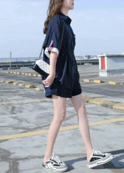 Natural Navy Blue Peter Pan Collar Cotton Shirts And Shorts Two Pieces Set Summer LY6221 -Ada Fashion Natural Navy Blue Peter Pan Collar Cotton Shirts And Shorts Two Pieces Set Summer5