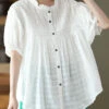 Natural White Wrinkled Button Patchwork Cotton Blouses Summer LY6190