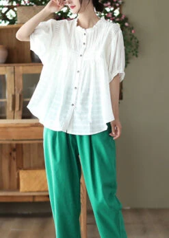 Natural White Wrinkled Button Patchwork Cotton Blouses Summer LY6190 -Ada Fashion Natural White Wrinkled Button Patchwork Cotton Blouses Summer3