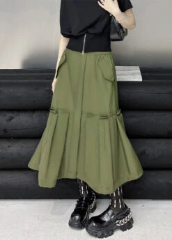 New Army Green Pockets High Waist Patchwork Cotton A Line Skirts Fall LY9549 -Ada Fashion New Army Green Pockets High Waist Patchwork Cotton A Line Skirts Fall4