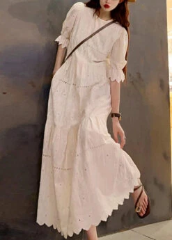 New Beige O Neck Hollow Out Patchwork Cotton Long Dress Summer LY9074