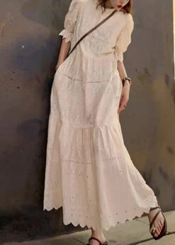 New Beige O Neck Hollow Out Patchwork Cotton Long Dress Summer LY9074 -Ada Fashion New Beige O Neck Hollow Out Patchwork Cotton Long Dress Summer Ada Fashion 153064131