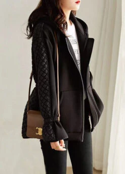 New Black Hooded Zippered Patchwork Thin Cotton Coat Winter LY9627 -Ada Fashion New Black Hooded Zippered Patchwork Thin Cotton Coat Winter1