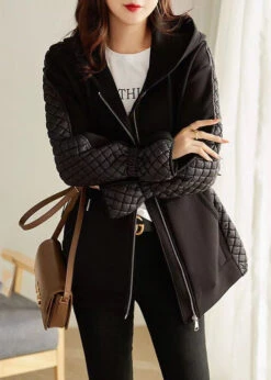 New Black Hooded Zippered Patchwork Thin Cotton Coat Winter LY9627