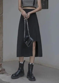 New Black Side Open High WaistCotton Skirts Summer ML3301 -Ada Fashion New Black Side Open High Waist Cotton Skirts Summer Ada Fashion 170464399