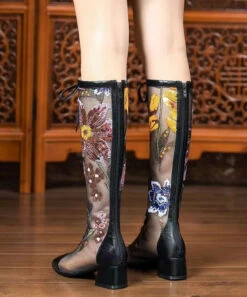 New Black Tulle Splicing Sequin Embroidered Cross Strap Chunky Heel Boots CZ1010 11 New Black Tulle Splicing Sequin Embroidered Cross Strap Chunky Heel Boots CZ1010 -Ada Fashion New Black Tulle Splicing Sequin Embroidered Cross Strap Chunky Heel Boots5