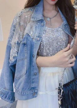 New Blue Embroideried Zircon Patchwork Denim Coats Summer LY5233