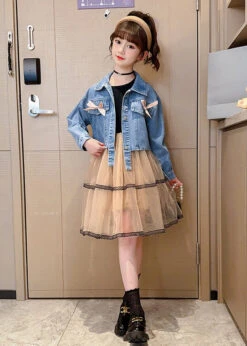 New Blue Peter Pan Collar Button Patchwork Cotton Girls Two Piece Set Fall LY9993