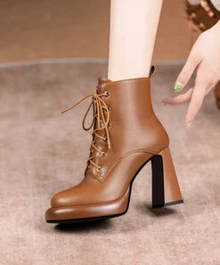 Brown Cross Strap Splicing High Heel Boots -Ada Fashion New Brown Cross Strap Splicing Cowhide Leather High Heel Boots Ada Fashion 173742089