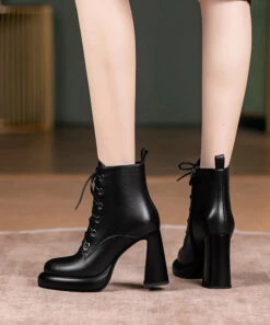 Brown Cross Strap Splicing High Heel Boots -Ada Fashion New Brown Cross Strap Splicing Cowhide Leather High Heel Boots Ada Fashion 173742194