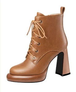 Brown Cross Strap Splicing High Heel Boots -Ada Fashion New Brown Cross Strap Splicing Cowhide Leather High Heel Boots Ada Fashion 173742222