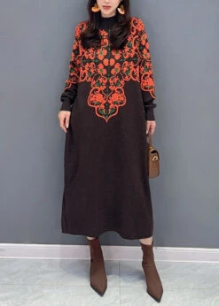 New Brown Turtleneck Print Patchwork Knit Long Dress Fall ML1493