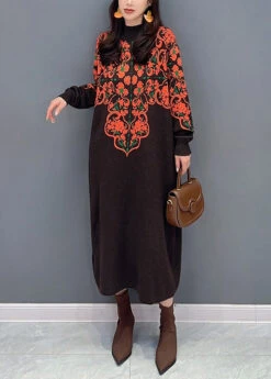 New Brown Turtleneck Print Patchwork Knit Long Dress Fall ML1493 -Ada Fashion New Brown Turtleneck Print Patchwork Knit Long Dress Fall3