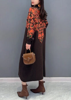 New Brown Turtleneck Print Patchwork Knit Long Dress Fall ML1493 -Ada Fashion New Brown Turtleneck Print Patchwork Knit Long Dress Fall5