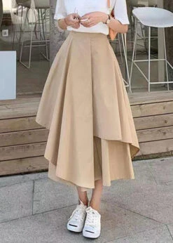 New Khaki Asymmetrical Elastic Waist Patchwork Cotton Pants Skirt Summer LY9093