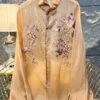 New Khaki Embroidered Button Tulle Blouses Long Sleeve CG1007