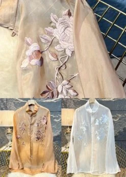 New Khaki Embroidered Button Tulle Blouses Long Sleeve CG1007 -Ada Fashion New Khaki Embroidered Button Tulle Blouses Long Sleeve Ada Fashion 183405159