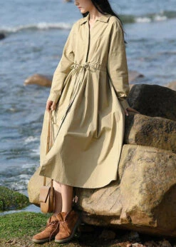 New Khaki Peter Pan Collar Lace Up Cotton Blouse Dress Fall ML2367