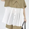 New Khaki Peter Pan Collar Wrinkled Chiffon Patchwork Tops And Shorts Two Pieces Set Summer LY9536 -Ada Fashion New Khaki Peter Pan Collar Wrinkled Chiffon Patchwork Tops And Shorts Two Pieces Set Summer1