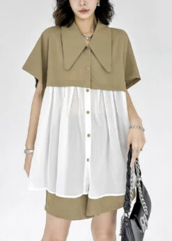 New Khaki Peter Pan Collar Wrinkled Chiffon Patchwork Tops And Shorts Two Pieces Set Summer LY9536 -Ada Fashion New Khaki Peter Pan Collar Wrinkled Chiffon Patchwork Tops And Shorts Two Pieces Set Summer2