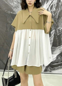 New Khaki Peter Pan Collar Wrinkled Chiffon Patchwork Tops And Shorts Two Pieces Set Summer LY9536 -Ada Fashion New Khaki Peter Pan Collar Wrinkled Chiffon Patchwork Tops And Shorts Two Pieces Set Summer4