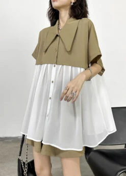 New Khaki Peter Pan Collar Wrinkled Chiffon Patchwork Tops And Shorts Two Pieces Set Summer LY9536 -Ada Fashion New Khaki Peter Pan Collar Wrinkled Chiffon Patchwork Tops And Shorts Two Pieces Set Summer5