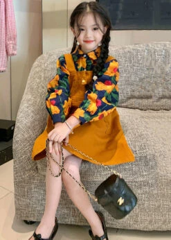 New Orange Peter Pan Collar Print Cotton Girls Two Piece Set FallML0038