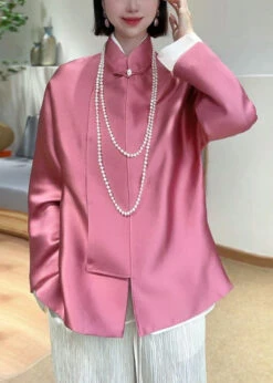 New Pink Stand Collar Button Patchwork Silk Coats Spring QA1073 -Ada Fashion New Pink Stand Collar Button Patchwork Silk Coats Spring3