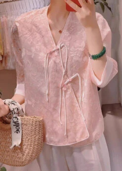 New Pink V Neck Embroidered Chinese Button Silk Blouses Half Sleeve QA1074 -Ada Fashion New Pink V Neck Embroidered Chinese Button Silk Blouses Half Sleeve5