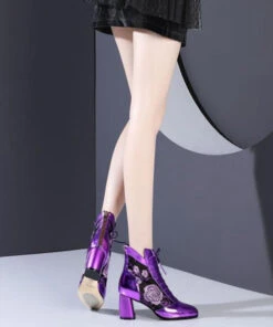 New Purple Breathable Mesh Splicing Cowhide Leather Chunky Boots RT1075 -Ada Fashion New Purple Breathable Mesh Splicing Cowhide Leather Chunky Boots5