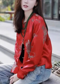 New Red O Neck Button Print Silk Coat Long Sleeve CG1033 -Ada Fashion New Red O Neck Button Print Silk Coat Long Sleeve Ada Fashion 183391569