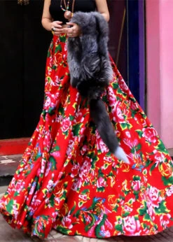 New Red Print Elastic Waist Patchwork Cotton Exra Large Hem Skirts Fall LY9125