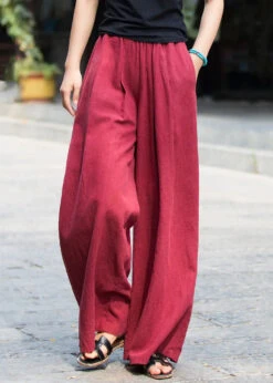 New Wine Red Pockets Elastic Waist Linen Pants Summer CG1055 -Ada Fashion New Wine Red Pockets Elastic Waist Linen Pants Summer Ada Fashion 183382432