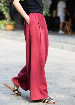 New Wine Red Pockets Elastic Waist Linen Pants Summer CG1055 -Ada Fashion New Wine Red Pockets Elastic Waist Linen Pants Summer Ada Fashion 183382612