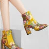 New Yellow Embroidered Zippered Cotton Chunky Ankle Boots RT1061 -Ada Fashion New Yellow Embroidered Zippered Cotton Chunky Ankle Boots1