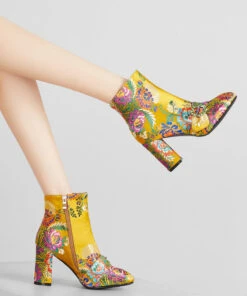 New Yellow Embroidered Zippered Cotton Chunky Ankle Boots RT1061 -Ada Fashion New Yellow Embroidered Zippered Cotton Chunky Ankle Boots4
