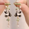 Novelty Colorblock Metal Alloy Zircon Pearl Panda Bamboo Joint Tassel Drop Earrings KX1050 -Ada Fashion Novelty Colorblock Metal Alloy Zircon Pearl Panda Bamboo Joint Tassel Drop Earrings1