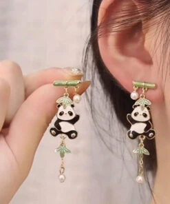 Novelty Colorblock Metal Alloy Zircon Pearl Panda Bamboo Joint Tassel Drop Earrings KX1050 -Ada Fashion Novelty Colorblock Metal Alloy Zircon Pearl Panda Bamboo Joint Tassel Drop Earrings2