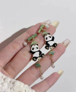 Novelty Colorblock Metal Alloy Zircon Pearl Panda Bamboo Joint Tassel Drop Earrings KX1050 -Ada Fashion Novelty Colorblock Metal Alloy Zircon Pearl Panda Bamboo Joint Tassel Drop Earrings5