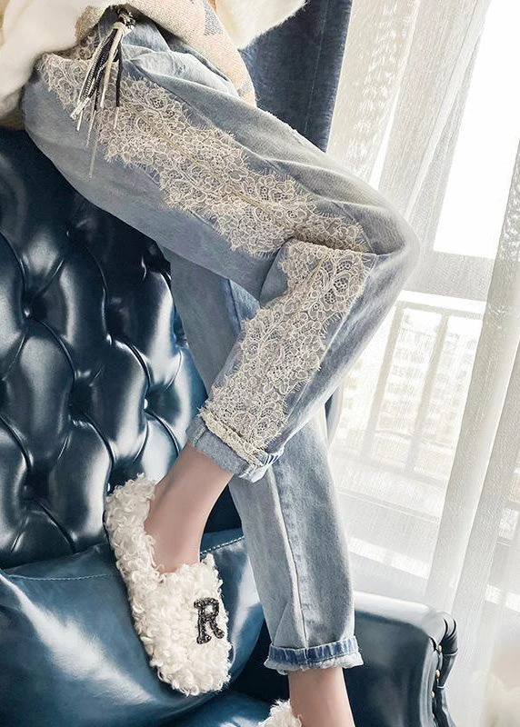 Novelty Light Blue Lace Patchwork Elastic Waist Harem Jeans TY1020 3 Novelty Light Blue Lace Patchwork Elastic Waist Harem Jeans TY1020