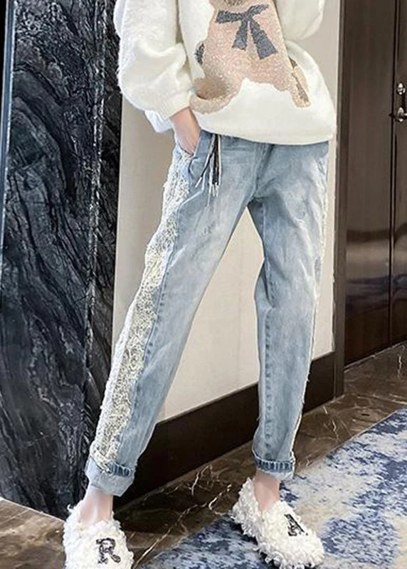 Novelty Light Blue Lace Patchwork Elastic Waist Harem Jeans TY1020 4 Novelty Light Blue Lace Patchwork Elastic Waist Harem Jeans TY1020 - Image 2