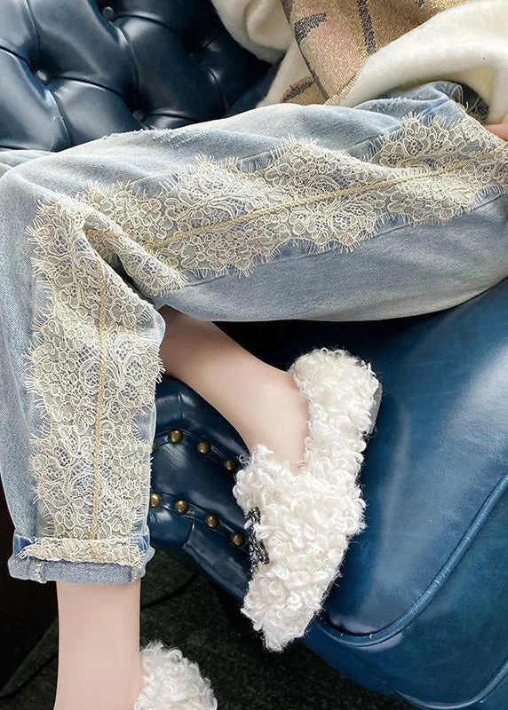 Novelty Light Blue Lace Patchwork Elastic Waist Harem Jeans TY1020 5 Novelty Light Blue Lace Patchwork Elastic Waist Harem Jeans TY1020 - Image 3