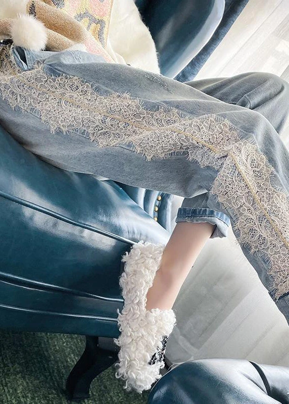 Novelty Light Blue Lace Patchwork Elastic Waist Harem Jeans TY1020 6 Novelty Light Blue Lace Patchwork Elastic Waist Harem Jeans TY1020 - Image 4