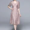 Novelty Pink Embroideried Sequins Patchwork Tulle Dress Puff Sleeve LY7416 -Ada Fashion Novelty Pink Embroideried Sequins Patchwork Tulle Dress Puff Sleeve1