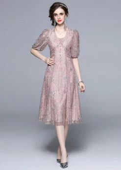 Novelty Pink Embroideried Sequins Patchwork Tulle Dress Puff Sleeve LY7416