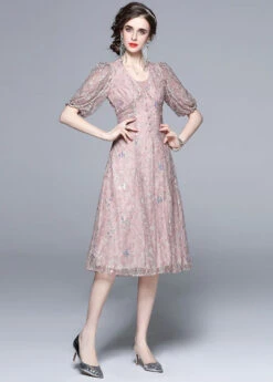 Novelty Pink Embroideried Sequins Patchwork Tulle Dress Puff Sleeve LY7416 -Ada Fashion Novelty Pink Embroideried Sequins Patchwork Tulle Dress Puff Sleeve3